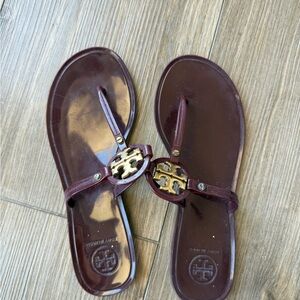 Tory Burch Burgundy Sandals with Gold Logo